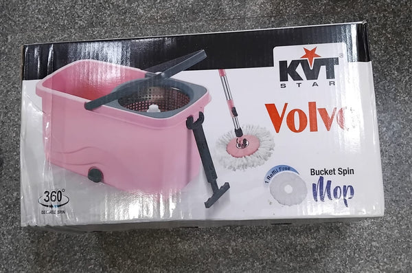 AM2364 KVT Volvo Bucket Mop 360 Degree Fast Rim Spin Rotating Floor Cleaner with 2 Microfiber Refills Movable Wheels Pull Handle Water Outlet Cleaning Long Stick