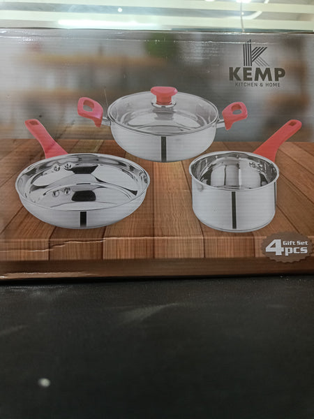 AM2607 Kemp 4pcs SS Gift Set With Kadai 2.25ltr, Fry Pan 1.9ltr And Saucepan 1.5ltr With  Glass Lid