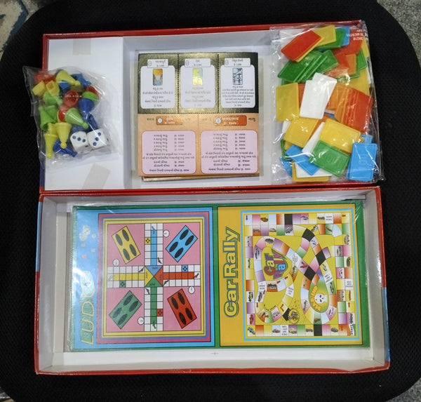 AM2883 Navo Vyapar Small New Bussiness Game in Gujarati 4 in 1 Game Includes Games Like Business Snake and Ladders, Ludo, Car Rally, Cricket