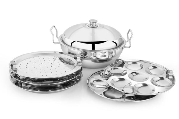 AM2955 Madhuram Prime Quality 18 Gauge Flat Bottom Kadai (18 G.F.B) 3 In 1 Multi Kadai Stainless Steel Lid Idli Plate 2 Pcs, Dhokla Plate 2 Pcs, Steam Plate 1 Pcs Set (Copy)