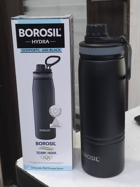 AM2981 Borosil Hydra GoSports 600 ml Stainless Steel Wate Bottle | Double Wall Vacuum Insulated Flask, Black