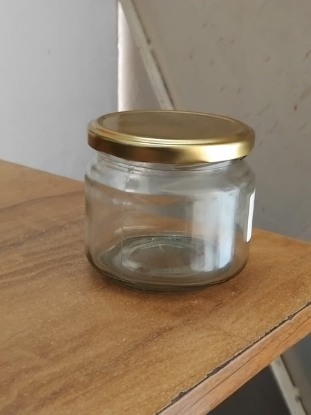 AM3013 Salsa Glass Jar 340ml  for Kitchen Storage Dry Fruits ,Pickle Golden Metal Cap Airtight Lid Transparent Jar 1 Pcs