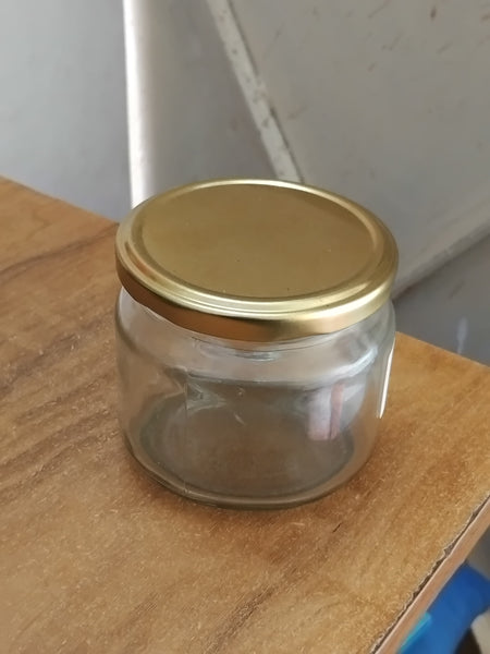 AM3013 Salsa Glass Jar 340ml  for Kitchen Storage Dry Fruits ,Pickle Golden Metal Cap Airtight Lid Transparent Jar 1 Pcs