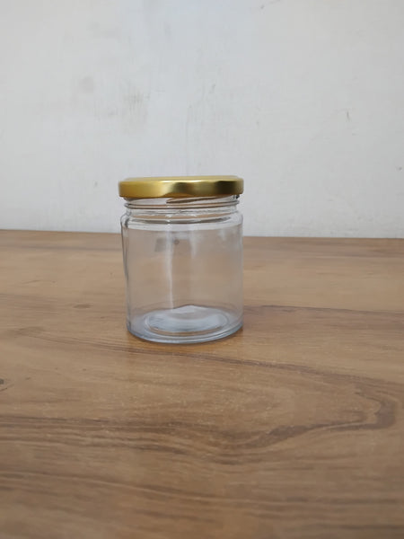 AM3082 Salsa Jar 200ml 8.1X6.7 Glass Jar with Airtight Metal Lid,200ml, Gold Lid 1 Pcs