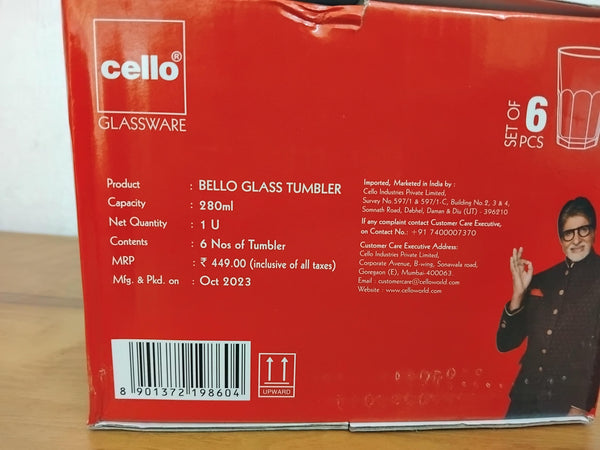 AM3329 Cello Bello Glass Tumbler 280ml Set of 6 Pcs Transparent