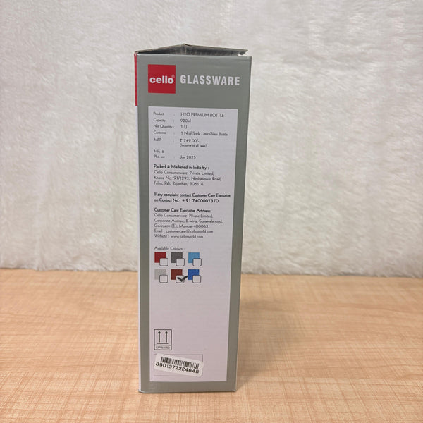 AM0665 CELLO PREMIUM H2O Glass Fridge Water Bottle with Plastic Cap 920ml