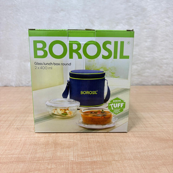 AM3698 Borosil Round Mealbox 400ml Glass Lunch Box set 2 Blue,Grey