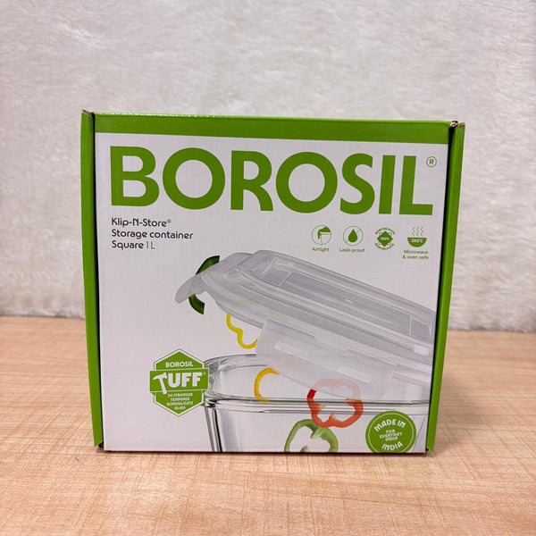 AM6195 Borosil Klip N Store Square Glass Container - 1 Ltr with Air Tight Lid