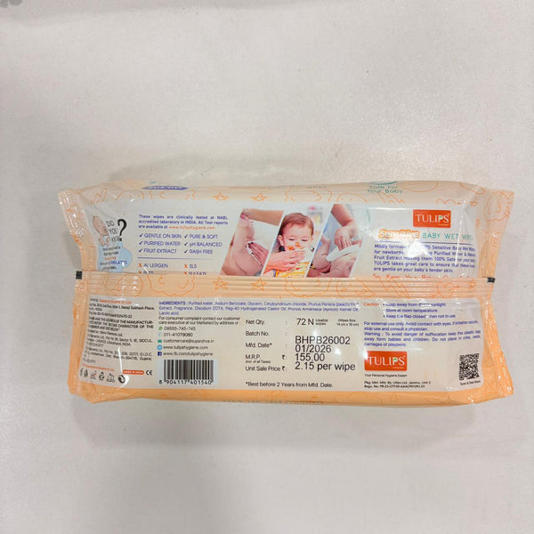 AM2527 Tulip Sensitive Baby Wet Wipes Peach Fruit Extract 72 wipes in a Lid pack 1 Pack