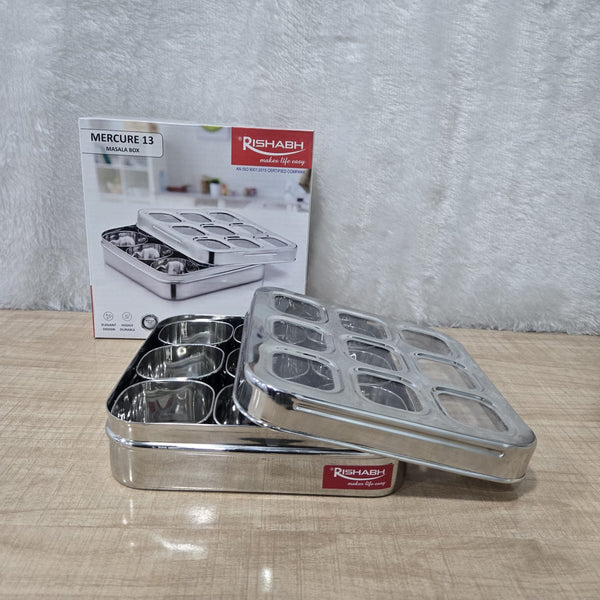 AM7066 Rishabh Mercure 13 Steel Masala Box with 9 Compartments & See-Through Lid