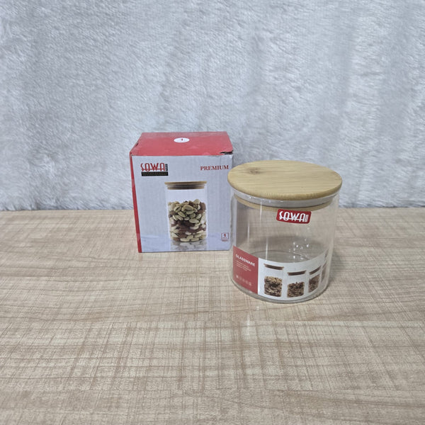 AM3729 Carre Glass Jar with Wooden Airtight  Bamboo Lid for kitchen 1 Pcs