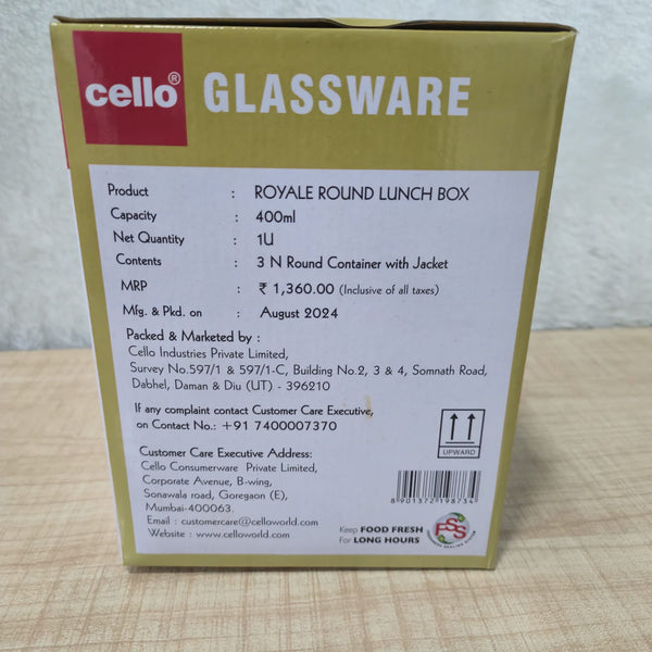 AM0651 CELLO Royale Round Glass Lunch Box 3Pcs Set (400 ml)