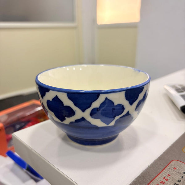 AM2988 Serving Mixing Mini Bowl, Hand Painted Ceramic 1 Pcs Soup Pudding Bowl White Blue Bands 1 Pcs
