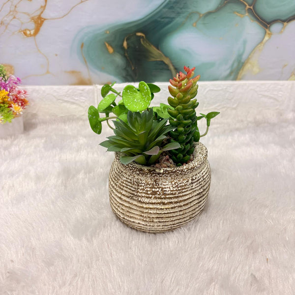 AM7448 Mini Faux Succulent Arrangement in Rustic Ribbed Ceramic Pot
