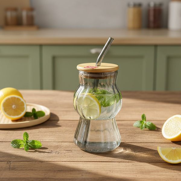 AM7782 GREY RIDGED BOROSILICATE GLASS TUMBLER WITH NATURAL BAMBOO LID AND MATCHING GLASS STRAW