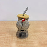 AM7782 GREY RIDGED BOROSILICATE GLASS TUMBLER WITH NATURAL BAMBOO LID AND MATCHING GLASS STRAW