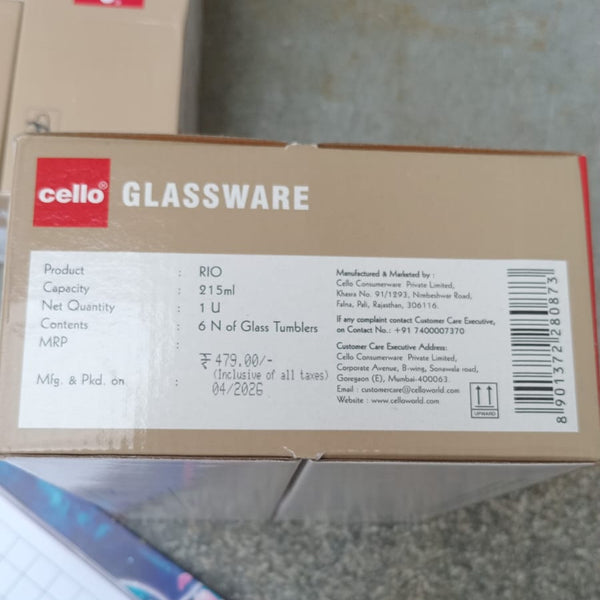 AM6555 Cello Rio K-Series Glass Tumbler Set, 215ml (Set of 6)
