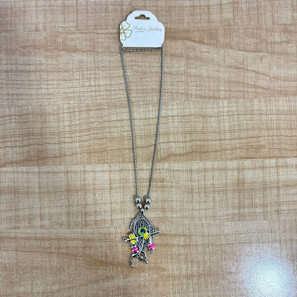 A06912 Oxidized Silver Lord Krishna Bansuri & Peacock Feather Pendant Chain Necklace