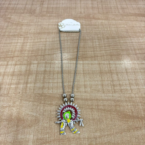 A06911 Ethnic Silver-Plated Oxidized Radha Krishna Flute Pendant Chain Necklace Set for Women & Girls