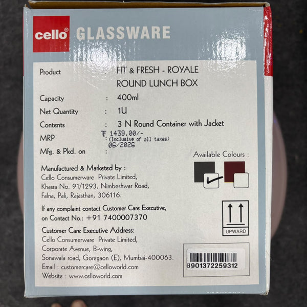 AM5449 Cello Royale Round Glass Lunch Box 400ml x 3 N with Vertical Jacket & 2 Spoons (Pack of 3Pc)
