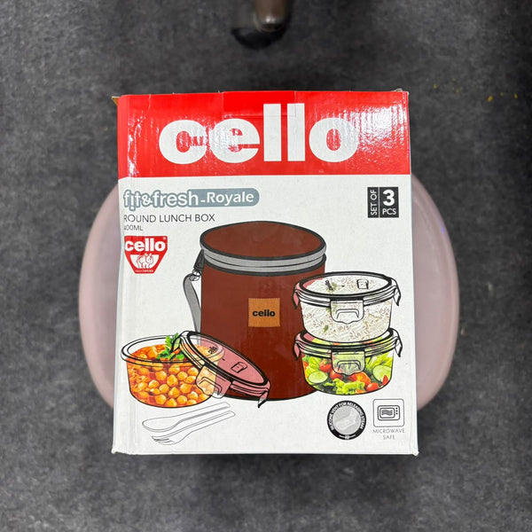 AM5449 Cello Royale Round Glass Lunch Box 400ml x 3 N with Vertical Jacket & 2 Spoons (Pack of 3Pc)