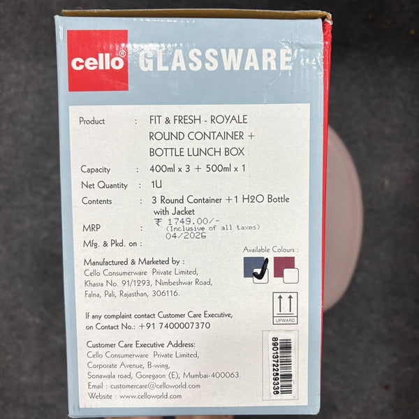 AM5450 Cello Royale Round Glass Lunch Box 400ml x 3 N with Jacket & Glass Water Bottle 500ml with 2 Spoons (Pack of 4Pc)