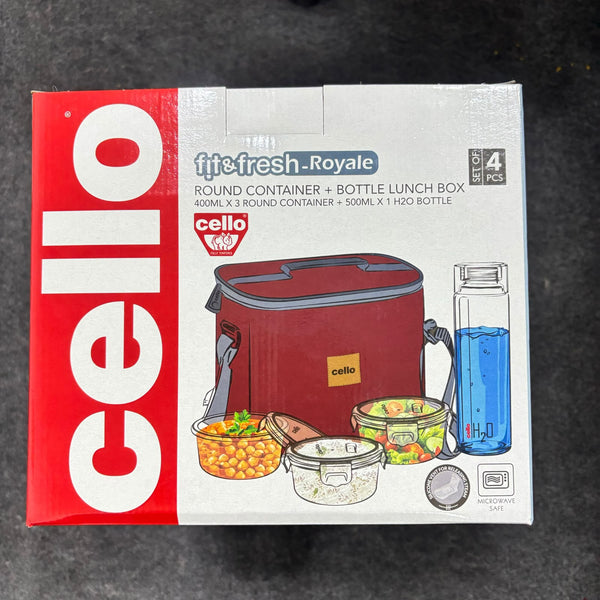 AM5450 Cello Royale Round Glass Lunch Box 400ml x 3 N with Jacket & Glass Water Bottle 500ml with 2 Spoons (Pack of 4Pc)