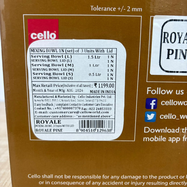 Di0207 Cello Opalware Royal Mixing Bowl with Premium Lid Set of 3pc