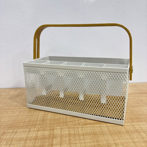 A07557 Multipurpose Metal Mesh Cutlery & Desk Organizer Caddy with Wooden Handle (9" x 4.5")