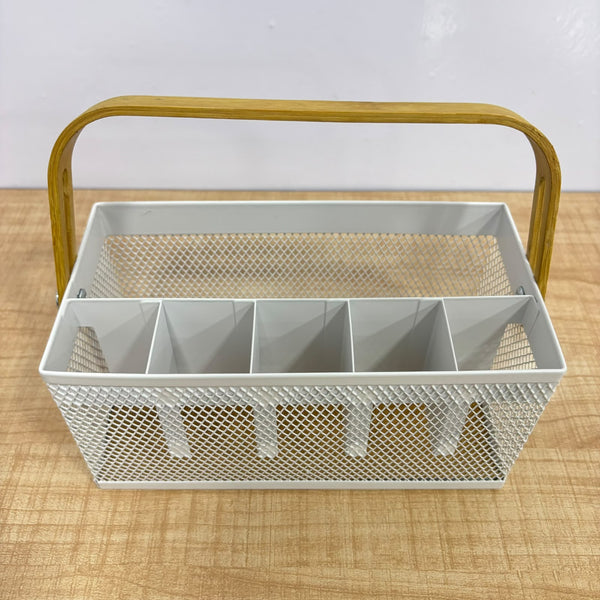 A07557 Multipurpose Metal Mesh Cutlery & Desk Organizer Caddy with Wooden Handle (9" x 4.5")