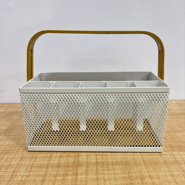 A07557 Multipurpose Metal Mesh Cutlery & Desk Organizer Caddy with Wooden Handle (9" x 4.5")