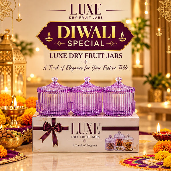 Di0362 LUXE Dry Fruit Transparent 3pc Jar with Lids & Stylish Tray (Mix Colour)