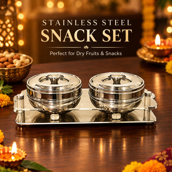 AM6003 Madhuram Stainless Steel Dry Fruit Set – 2 Pcs with Transparent Acrylic Stand