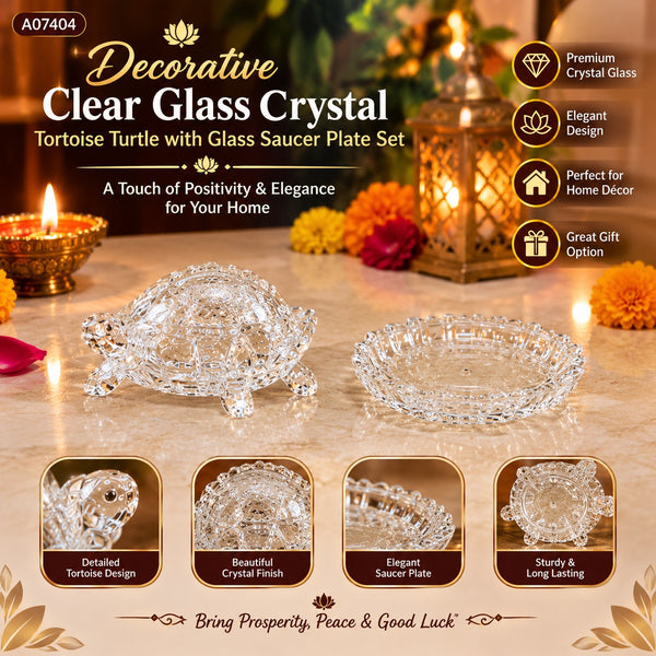 A07404 Decorative Clear Glass Crystal Tortoise Turtle with Glass Saucer Plate Set