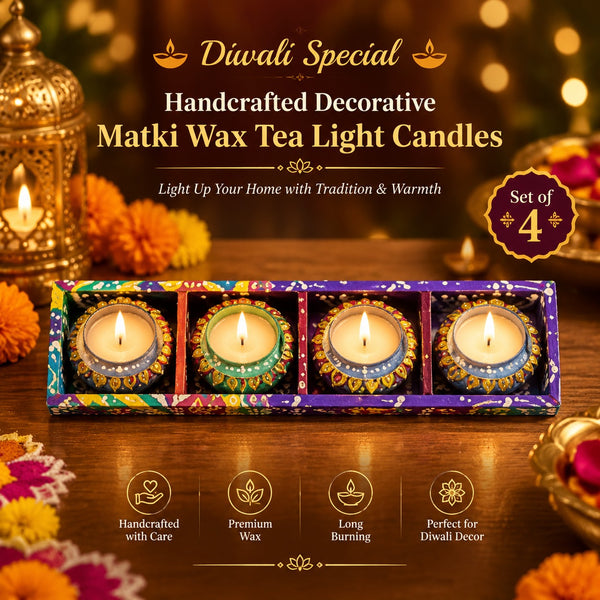 A07547 Handcrafted Decorative Matki Wax Tea Light Candles - Set of 4