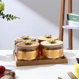 AM2548 Borosilicate Airtight Jar with Gold Decal Wooden Tray YJS3318 Set of 4 Pcs