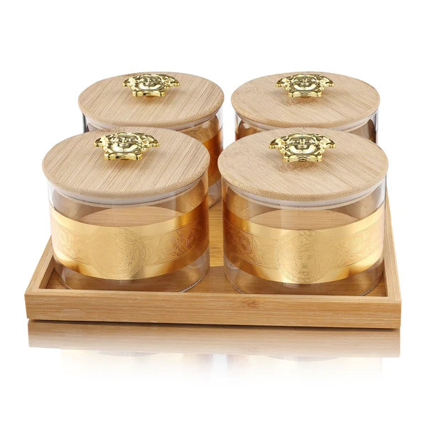 AM2548 Borosilicate Airtight Jar with Gold Decal Wooden Tray YJS3318 Set of 4 Pcs