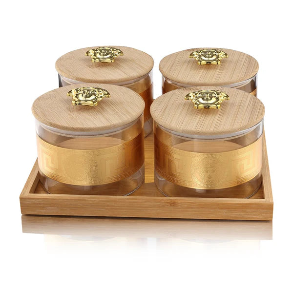 AM2546 Borosilicate Airtight Jar YJS3316 with Gold Decal Wooden Tray Set of 4 Pcs