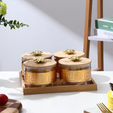 AM2546 Borosilicate Airtight Jar YJS3316 with Gold Decal Wooden Tray Set of 4 Pcs