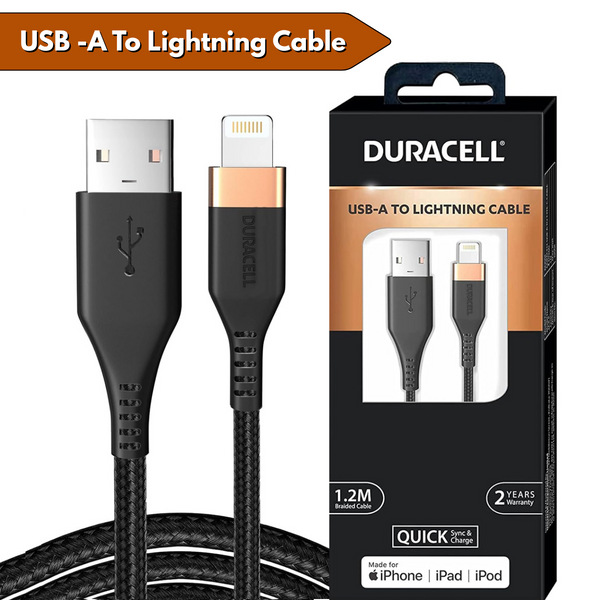 AM5886 Duracell USB-A To Lightning Apple Certified (Mfi) Braided Sync & Charge Cable - 3.9 Feet (1.2M)