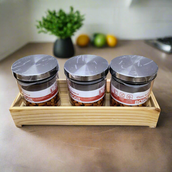AM5170 Borosil Classic Jars With Wooden Tray - 3Pcs (600 ml Each)