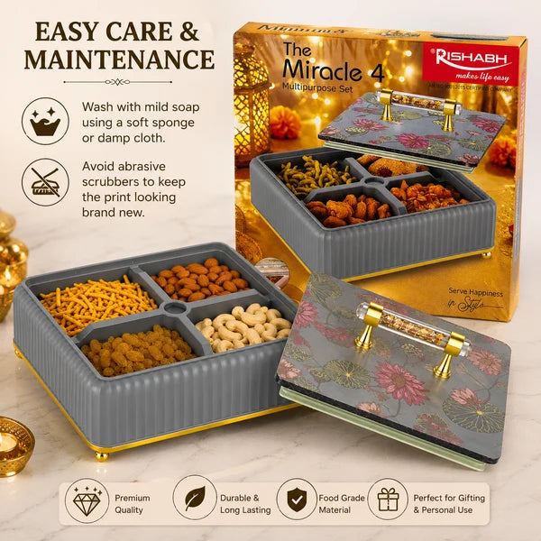 A08046 Rishabh The Miracle 4 Section Multipurpose Dry Fruit & Snack Serving Tray Container Box