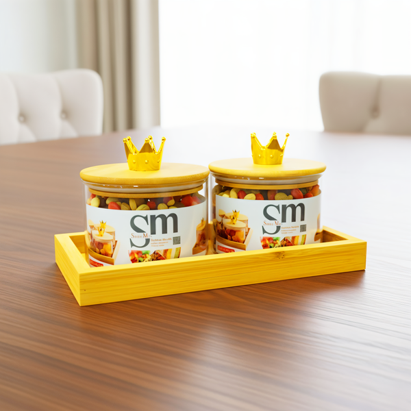 AM6272 SM 2pc Glass Jars with Crown Lids & Serving Tray Set