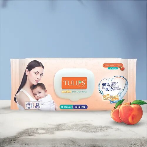 AM2527 Tulip Sensitive Baby Wet Wipes Peach Fruit Extract 72 wipes in a Lid pack 1 Pack