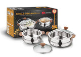 AM2234 NanoNine Royal Steelwood Double Wall Insulated Stainless Steel Casserole with Glass Lid, 1.24 L & 750 ml, 2 pc