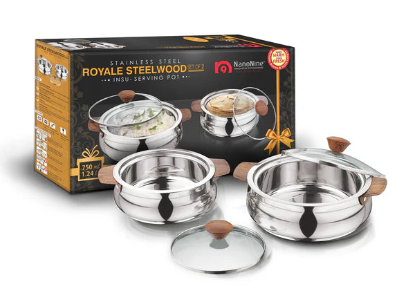 AM2234 NanoNine Royal Steelwood Double Wall Insulated Stainless Steel Casserole with Glass Lid, 1.24 L & 750 ml, 2 pc