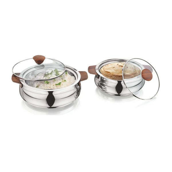 AM2234 NanoNine Royal Steelwood Double Wall Insulated Stainless Steel Casserole with Glass Lid, 1.24 L & 750 ml, 2 pc