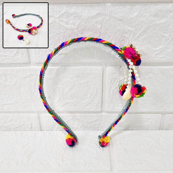 Di0042 Navratri MIx Design Colorful Braided Hairband with Cowrie Shells & Pom-Pom Ends