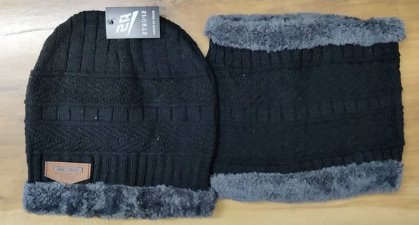 6066a Black Ultra Soft Unisex Woollen Beanie Cap Plus Muffler Scarf