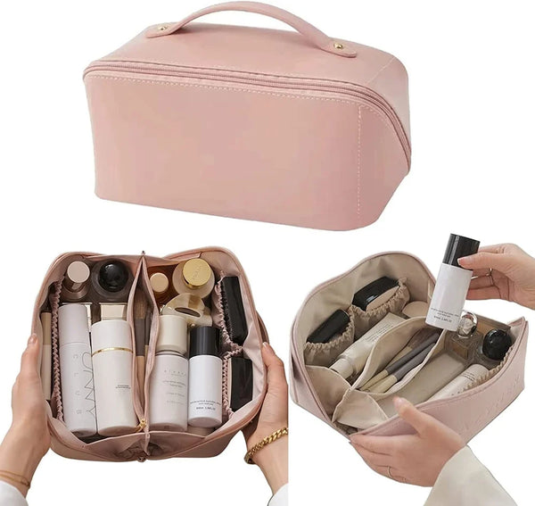 3063 Leather Cosmatic Bag Makeup Organizer Bag Travel Bag Large Capacity Cosmetic Bags Divider and Handle Waterproof Portable Pouch Open Multicolour 1Pcs